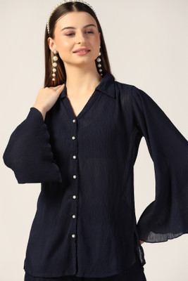 mustard Women Solid Casual Blue Shirt