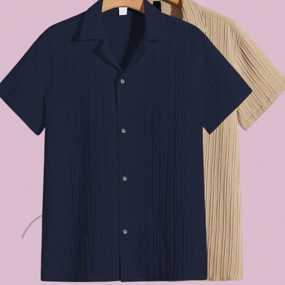 Looksky Men Striped, Self Design, Solid Casual Dark Blue, Cream Shirt
