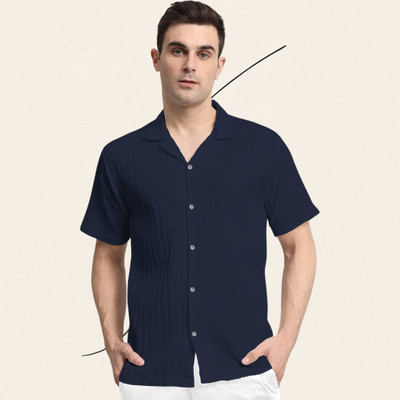 A Vebnor Men Self Design Casual Dark Blue Shirt