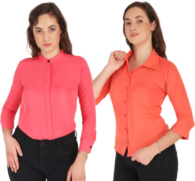 Hunoor Women Solid Casual Pink, Orange Shirt(Pack of 2)