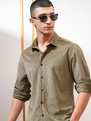 HIGHLANDER Men Self Design Casual Khaki Shirt
