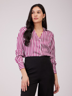 Fable Street Women Striped Casual Maroon, White Shirt