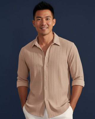 Voroxy Men Self Design Casual Beige Shirt