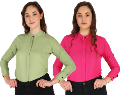 Hunoor Women Solid Casual Light Green, Pink Shirt(Pack of 2)
