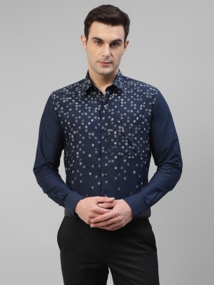 himanier Men Floral Print Casual Dark Blue, White Shirt