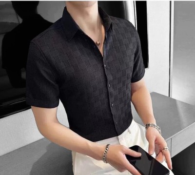 AMORE FASHION Men Checkered, Self Design, Solid Casual Black Shirt