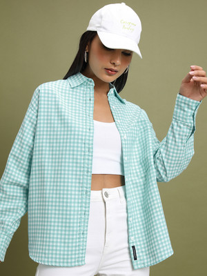 Tokyo Talkies Women Checkered Casual Light Green Shirt