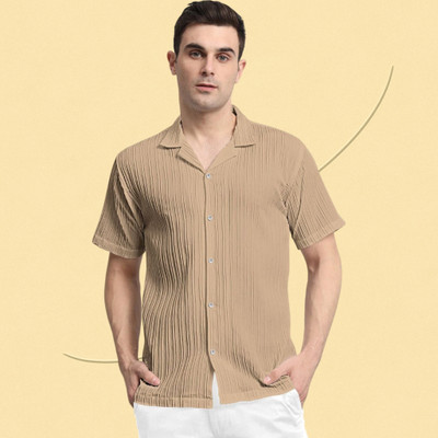 A Rodeiz Men Self Design Casual Cream Shirt