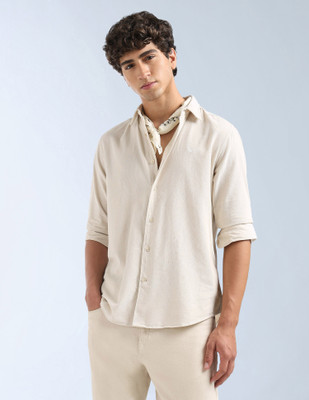 FLYING MACHINE Men Self Design Casual Beige Shirt