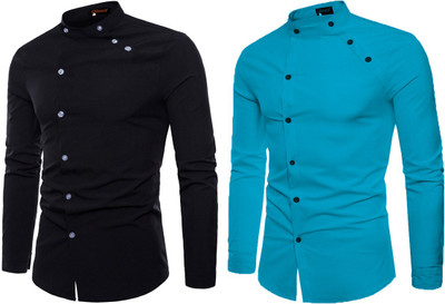 Qlonz Store Men Solid Casual Dark Blue, Black Shirt(Pack of 2)