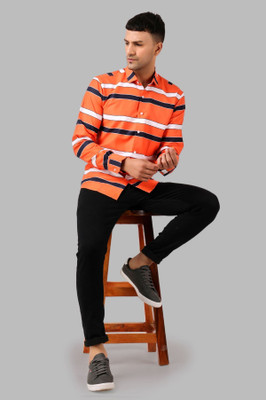 METRONAUT Men Striped Casual Orange Shirt