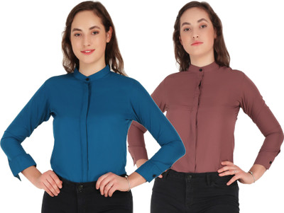 HEAVENS CREATIONS Women Solid Casual Light Blue, Brown Shirt(Pack of 2)