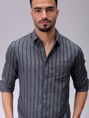The Indian Garage Co. Men Striped Casual Grey Shirt