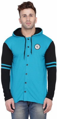 GEUM Men Color Block Casual Black, Light Blue Shirt