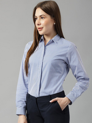 Hancock Women Striped Formal White, Blue Shirt