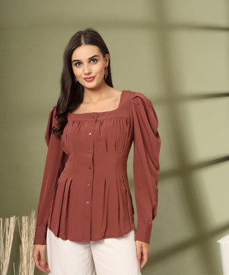 PLUSS Women Solid Casual Brown Shirt