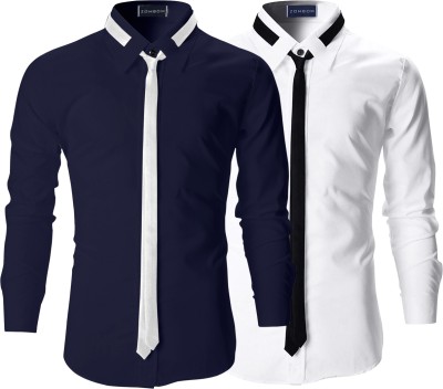 SHOPYCLICK Men Self Design Casual Dark Blue, White Shirt(Pack of 2)