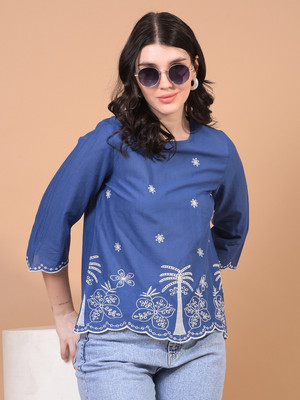 CRIMSOUNE CLUB Women Floral Print Casual Blue Shirt