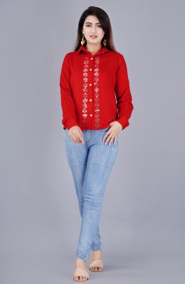 RF CLOTHES Women Embellished Festive Red Shirt