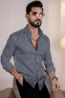 VELLOSTA Men Self Design Casual Grey Shirt