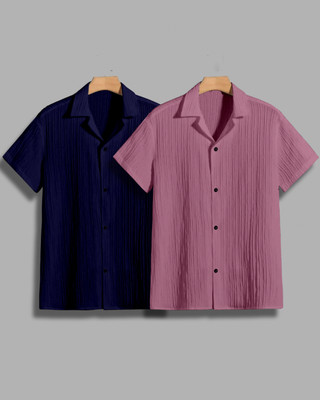 House of Vinay Men Self Design Casual Dark Blue, Pink Shirt(Pack of 2)