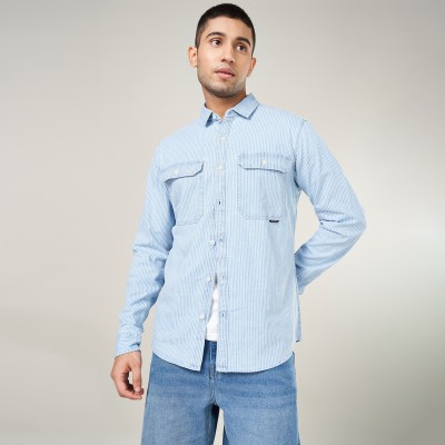 SF Jeans by Pantaloons Men Striped Casual Blue Shirt