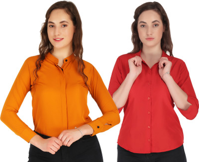 Hunoor Women Solid Casual Red, Orange Shirt(Pack of 2)