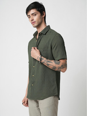 VASTRADO Men Self Design Casual Dark Green Shirt