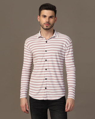 BEYOU FASHION Men Striped Casual Beige, White Shirt