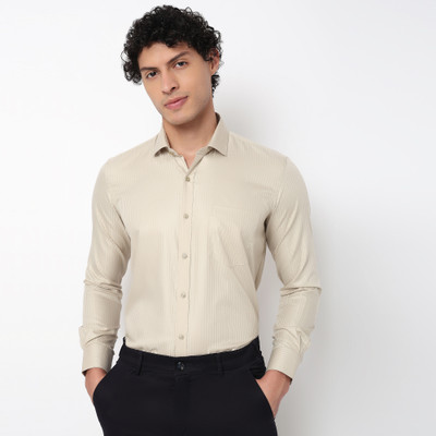 Mark & Albert Men Striped Formal Cream Shirt