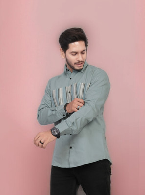 U AND J TREND Men Striped Casual Light Green Shirt