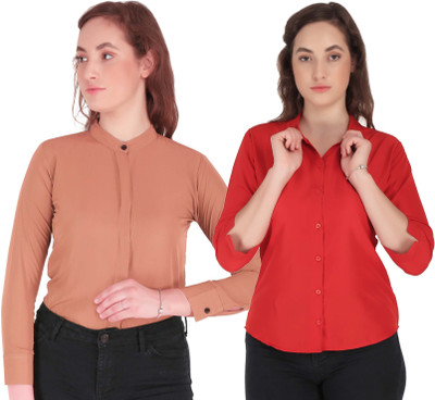 HEAVENS CREATIONS Women Solid Casual Red, Orange Shirt(Pack of 2)