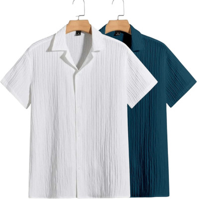 METRONAUT Men Self Design Casual White, Green Shirt(Pack of 2)