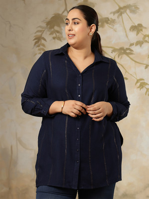 Amydus Women Striped Casual Blue Shirt