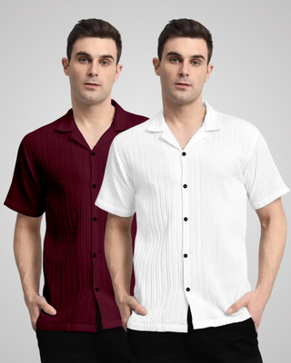 VK Couture Men Self Design, Striped Casual Maroon, White Shirt(Pack of 2)