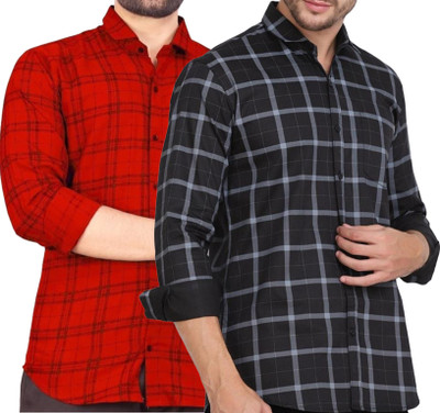 Click Everyday Men Checkered Casual Black, Red Shirt(Pack of 2)