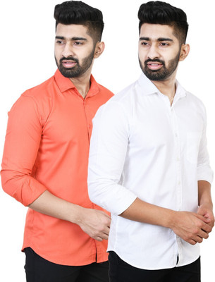 Feel high Men Solid Casual White, Orange Shirt(Pack of 2)