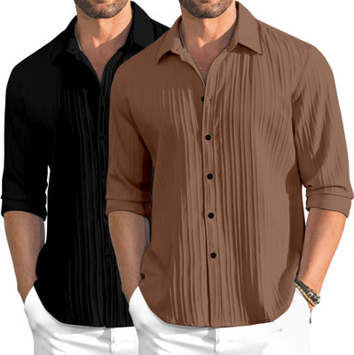 OXXOM Men Self Design Casual Black, Brown Shirt(Pack of 2)