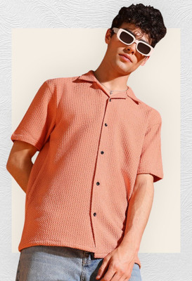 INDICLUB Men Self Design Casual Orange Shirt
