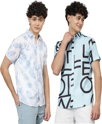 Nirvaan Men Printed Casual Light Blue, White, Black Shirt(Pack of 2)