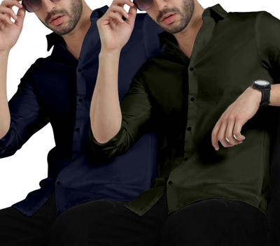OXXOM Men Solid Casual Green, Dark Blue Shirt(Pack of 2)