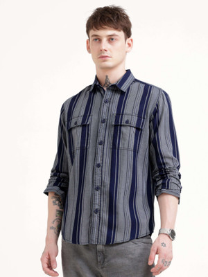 Estilocus Men Striped Casual Blue, White Shirt