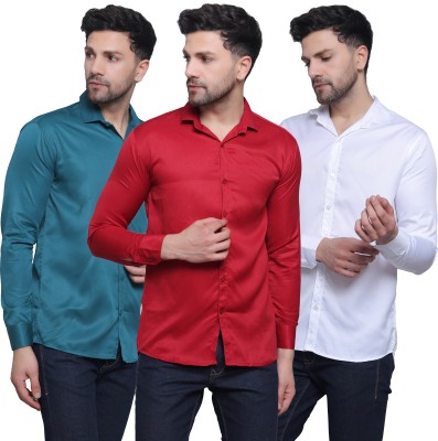 FILNECH Men Solid Casual Dark Blue, White, Red Shirt(Pack of 3)