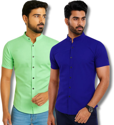RANGFIT Men Solid Casual Light Green, Dark Blue Shirt(Pack of 2)