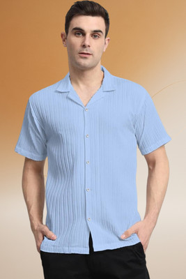 A DEEMOON TREND Men Self Design Casual Light Blue Shirt