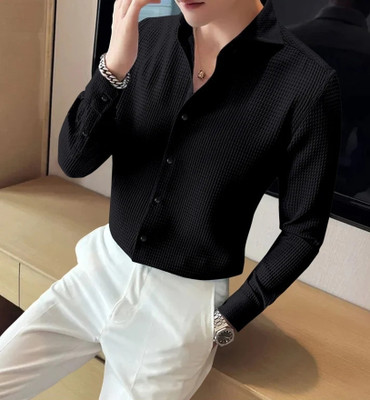 Black Deer Men Self Design Formal Black Shirt