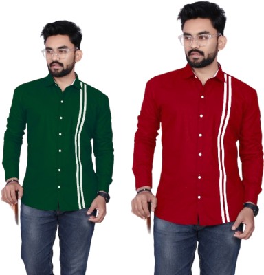 GAZZY CREATION Men Striped Casual Dark Green, White, Red Shirt(Pack of 2)
