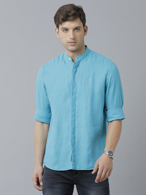 Linen Club Men Solid Casual Blue Shirt