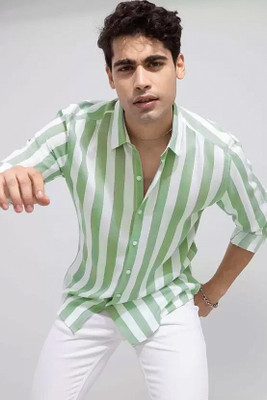 RODEIZ Men Striped Casual White, Light Green Shirt