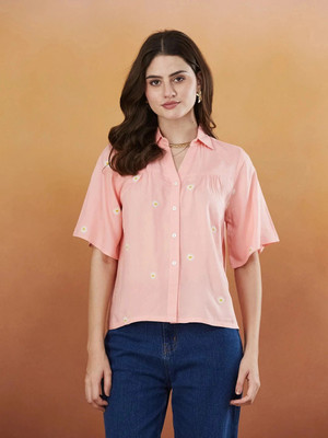 J TURRITOPSIS Women Embroidered Casual Orange Shirt